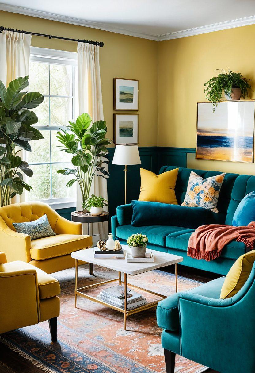 A beautifully decorated living room featuring a mix of modern and vintage furniture, vibrant indoor plants, and cozy textures. Showcase before-and-after styles that display a stunning transformation, with warm lighting and inviting decor elements. Include a color palette that pops, emphasizing tranquility and creativity in home styling. super-realistic. vibrant colors. soft focus.