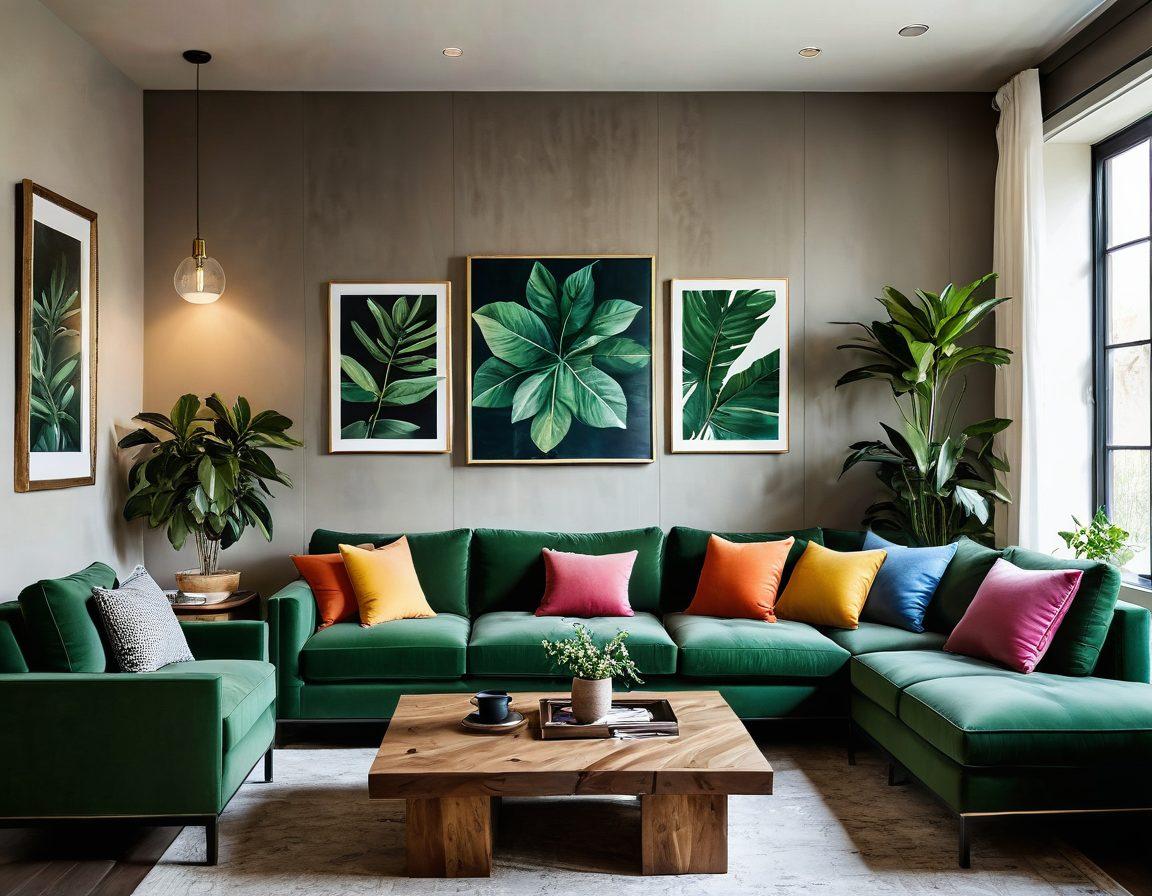 A beautifully designed interior space showcasing a blend of cozy and elegant elements, featuring plush furniture, soft lighting, and decorative accessories like cushions and art pieces. Incorporate warm colors and natural materials such as wood and fabric to enhance comfort. Include plants for a fresh touch and a stylish coffee table at the center. Capture the harmonious atmosphere perfect for inspiring readers. super-realistic. vibrant colors. warm lighting.