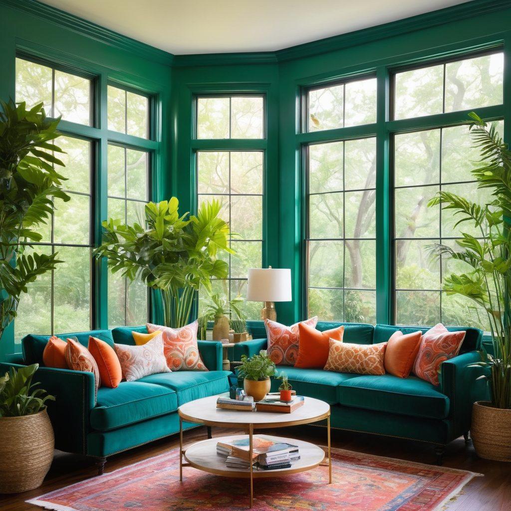 A beautifully transformed living room showcasing vibrant decor highlights, with chic DIY projects like colorful wall art and stylish furniture. Sunlight streaming through large windows, plants adding life, and a cozy reading nook featuring plush cushions. The before-and-after contrast is subtly portrayed, emphasizing the transformation. super-realistic. vibrant colors. warm lighting.